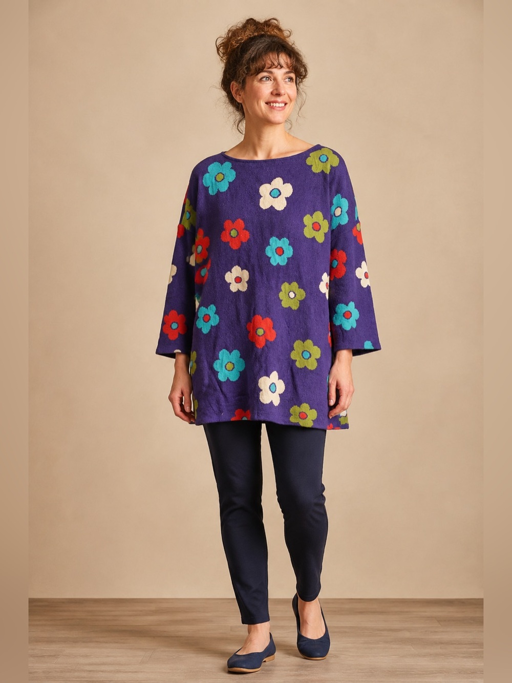 Gudrun Sjoden Purple Floral Cotton Wool Tunic Sweater Size S